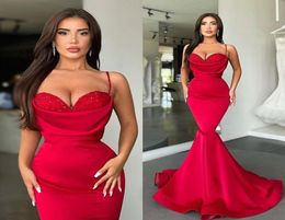 Sexy Red Evening Dresses Mermaid Spaghetti Straps Backless Long Satin Prom Gowns Beaded Sweetheart Party Occasion Bridesmaids Dres6568040