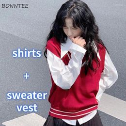 Work Dresses Two Piece Sets Women Panelled Sweater Vest Loose Fashion Shirts Preppy Style Tender Vintage Girls Sweet Casual Autumn Y2k