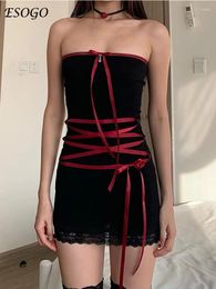 Casual Dresses Autumn And Winter Black One Line Neck Women's Dress Street Fashion Sexy Tie Up Bra Sleeveless Splicing Short Skirt Women 2024