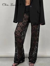 Capris See Through Lace High Waist Pants Women Sexy Floral Black Party Full Length Club Lady TrousersFashion Straight Female Streetwear