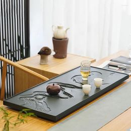 Tea Trays Carved Natural Black Gold Stone Tray Embossed Household Small Table Set