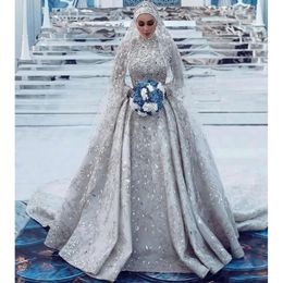 Long Muslim Sleeve Dresses Wedding Lace Crystal Beading Diamond Pearls New Design Formal Bridal Gown Customize Bes121