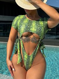 Women's Swimwear Sexy Green Snake Print Swimsuits One Piece Ring Bikini 2024 Women Tie Bandage High Waist Thong Bathing Suits Biquini