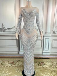 Casual Dresses Sexy Rhinestone Long Sleeves Mesh Dress Transparent Dancer Performance Birthday Clothing Plus Size