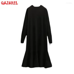 Casual Dresses Black Knitted Cotton Ruffled Midi Dress Autumn Winter Thick Warm 2024 Korean Vintage Hepburn Elegant Party