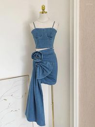 Work Dresses Fashion Women Jeans Strapless Camisole Zipper Rose Patchwork Skirt Slim Sleeveless Streetwear Spring 2024 Tide