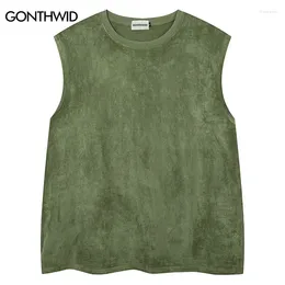 Men's Tank Tops Men Suede Top Y2K Vintage Solid Color Plain Sleeveless Vest T-Shirt Streetwear Harajuku Hip Hop Loose Green Pink Beige