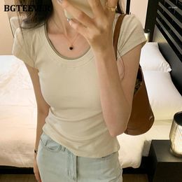 Women's T Shirts BGTEEVER Summer O-neck Short Sleeve Female Cotton T-shirts Stylish Stretched Patchwork Women Tops Basic Ladies Tees