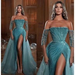 Half Green Prom Sleeves Graceful Lake Strapless Party Dresses Sequins Split With Overskirts Custom Made Evening Dress