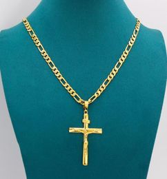 Real 10k Yellow Solid Fine Gold GF Jesus Crucifix Charm Big Pendant 55*35mm Figaro Chain Necklace 24" 600*6mm2835905