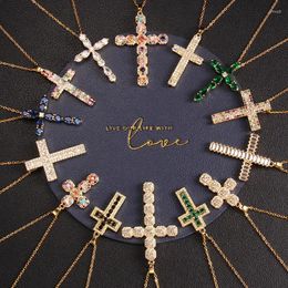 Pendant Necklaces Shiny Colorful Zircon Cross Necklace For Women Men Stainless Steel Chain Trendy Jewelry Accessories Gifts Friends