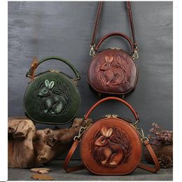 Shoulder Bags 2024 Women Fashion Art Style Genuine Leather Embossing Circular Bag Retro Crossbody Double Zipper