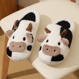 Slippers Women Cow Cotton Korean Style Warm Plush Home Indoor Flats Lightweight Leisure Comfort Slides Pantoufle Femme Hiver