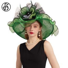FS Green Organza ST Patricks Cap Lady Wide Brim Hats For Women Mesh Bead Feather Flower Wedding Bride Fedora 240412