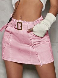 Women Fashion Low Rise Denim Skirt Belted Raw Detail Slant Pocket Cargo Skirt Retro Aesthetic A-Line Jean Skirt 240426