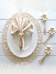 4PCS Wood Bead Garland Napkin Rings Tassels Rustic Napkin Holder Ring Wall Hanging Decorative Ornaments8790793