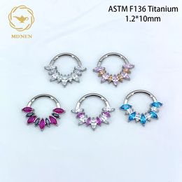 MDNEN ASTM F136 Nose Ring Earrings Marquise Colourful CZ Hinged Clicker Segment Hoop Piercing Jewellery 240423