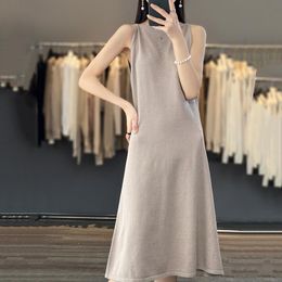 Pullover Sleeveless A Line Skirt Cotton Thread Bottoming Long Over The Knee Off Neck Knitted Dress For Women