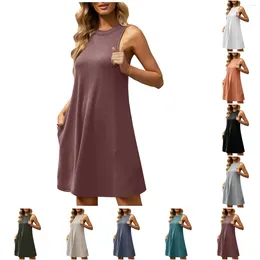 Casual Dresses 2024 Women'S Dress O-Neck Mini Tank Solid Colour Sleeveless Short Flowy Sundress With Pockets Vestors Skirt