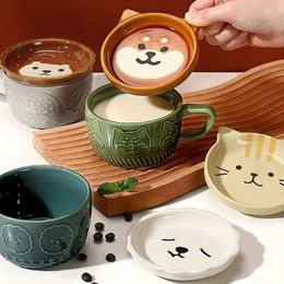 Mugs 300ml cartoon animal ceramic breakfast cup with lid and milk coffee cup microwave safe home drink J240428