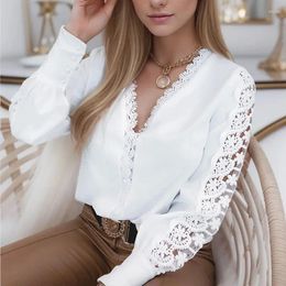 Women's Blouses 2024 Fashion V-neck Long Sleeve White Blouse Women Lace Spliced Spring Hollow Out Elegant Tops Vintage Lady Shirt Blusas