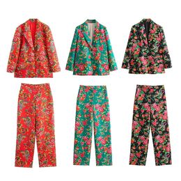 Taop Za Early Spring Product Womens Fashion and Leisure Northeast Big Flower Suit Coat Pants Set 240423