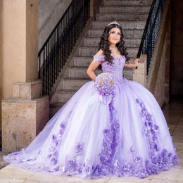 Elbiseler Quinceanera Floral 3D lavanta dantel aplikeler omuz çiçek balodan boncuklu