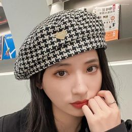 Berets Octagonal Hat Sboy British Style Autumn Winter Cotton Heart Women Cap Korean Houndstooth Warm