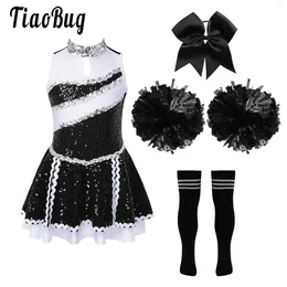 Clothing Sets Kids Girls Cheer Leader Costume Outfits Sleeveless Dress With Sequins Socks And Pompoms Cosplay Dance