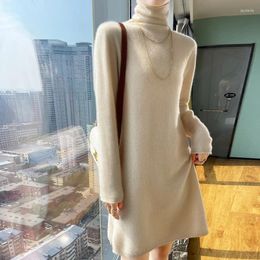 Casual Dresses Pure Cashmere Skirt Knitted Dress In Autumn And Winter Pile Neck Sweater Bottoming Shirt Long Straight Female