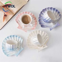 Mugs YWDL 240ml Coffee Cup with Sauce Ceramic Coffee Cup Breakfast Milk Water Cup Girls Birthday Gift Pearl Shell J240428