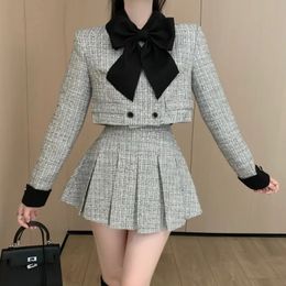 High Quality Sweet Design Small Fragrance 2 Piece Set Outfit Elegant Fashion Bow Short Jacket Coat Pleated Skirt Suits 240419