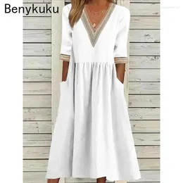 Party Dresses Half Sleeve V Neck Cotton Linen Dress For Women 2024 Summer Robe Casual Chic Vintage Spliced Loose Midi Vestidos