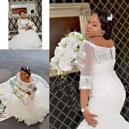 Plus afrikanische Landkleider Hochzeit Größe Halbärmel Spitzen Applikationen von Schulter -Meerjungfrau -Brautkleidern Deckbutton Sonderanfertigung gemacht