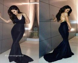 Black Mermaid Evening Dress High Quality Spaghetti Straps Backless Lace Satin Long Formal Party Gown Custom Made Plus Size8404775