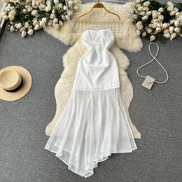 Casual Dresses French White Bra Dress Summer Slim Fit Waisted Temperament Mesh Splice Irregular Birthday