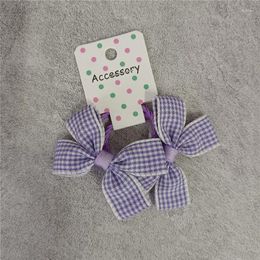 Hair Accessories 2024 Spring/Summer Korean Sweet Baby Children's And Girls' Leather Band Light Purple Plaid Mini Bow Tie Headrope Hairpin