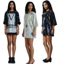 Summer new Women's T-shirts dress Tees Luxury brand short sleeved sexy sparkling heavy industry sequin loose T-Shirt dress fit 100-170 lb