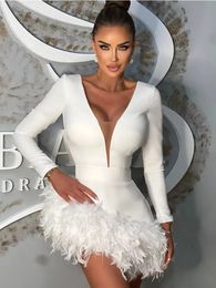 Winter Fashion Women Sexy V Neck Long Sleeve Feather Black White Mini Bandage Dress Elegant Evening Club Party Dress 240420