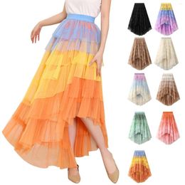 Skirts Aesthetic Contrast Tiered Tulle Maxi Skirt Women 2024 Korean Fashion Irregular Hem High Waist Long Female