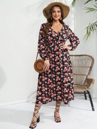 Plus Size Dresses High Waist Elegant Long Dress Women V Neck Sexy Big Summer Beach Rose Floral Sleeve For Woman