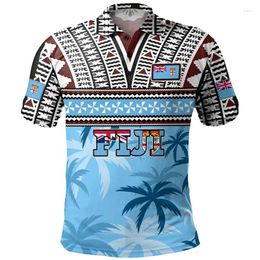 Men's Polos Hawaiian Fiji Pattern Polo Shirt Men 3d Print Tropical Plants Lapel Short Sleeves Button Tee Casual Streetwear T-Shirt