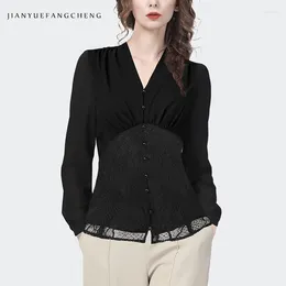 Women's Blouses 2024 Spring Long Sleeve Black Chiffon Blouse V-Neck Bottoming Shirt Slim Cinched Waist Lace Spliced Fashion Office Lady Tops