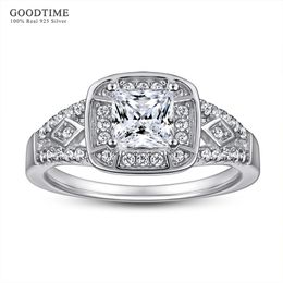 Luxury Women Ring Pure 925 Sterling Silver Ring Square Zircon Rhinestone Bride Wedding Jewellery Gift Accessories For Party 240414