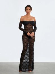 Casual Dresses Women Y2k Sexy Sheer Lace Maxi Dress Long Sleeve Off Shoulder Mesh See Through Bodycon Party Club