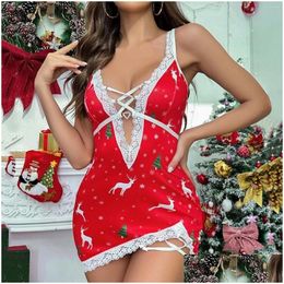 Womens Sleepwear Christmas Printed Night Dress Women Y Deep V Lingerie Nightgowns Lace Trim Pajamas Lenceria Spaghetti Strap Drop Deli Otja3