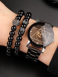 Wristwatches 3PCs Fashion Trend Men's Diamond Face Steel Band Quartz Watch Lion Crown Bead String Bracelet Set