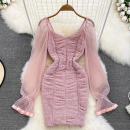 Casual Dresses Women Party Dress Sexy Bodycon Flare Long Sleeve Square Collar Folds Fashion Dotted Mesh Mid-length Femal Vestidos
