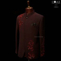 Dark Red Men Suits 3D Floral Appliques Groom Wedding Tuxedos 2 Pieces Sets Dinner Prom Blazers Terno Masculino Completo