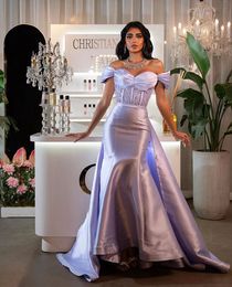 2024 Lilac Sexy Evening Dresses Wear Off Shoulder Mermaid Satin Crystal Beads Prom Dress Party Pageant Formal Gowns Overskirts